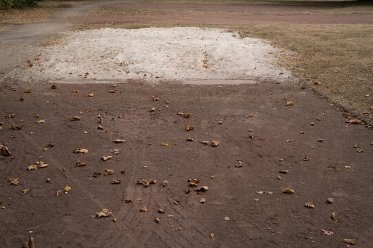 Ground with brown dirt and white sand area surrounded by dried leaves