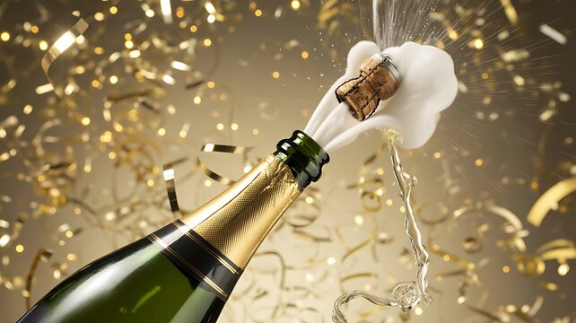 Champagne bottle cork popping with foam splashing amid golden confetti for a festive party celebration event