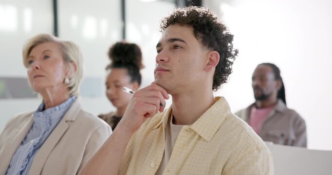 Thinking, business and man at seminar with staff, training and listening for corporate briefing. Male person, team and attention in workplace with notebook, presentation and information at workshop
