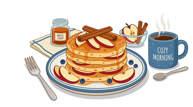 Cozy morning breakfast with pancakes, coffee, and maple syrup.
