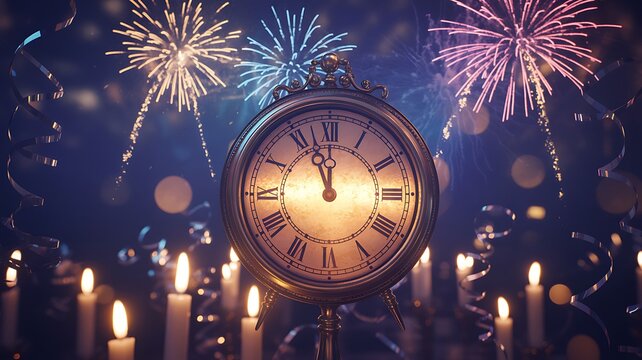 Golden antique clock striking midnight during festive new year celebration with glowing fireworks and bright candles