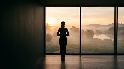 Fototapeta premium Woman standing in meditation pose before a misty sunrise view through a large floor to ceiling window in a modern minimalist space