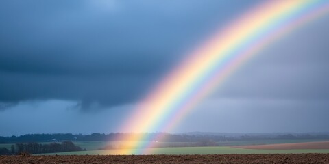 Fototapeta premium A colorful rainbow gracefully spans across a tranquil landscape bringing beauty after a refreshing rainstorm