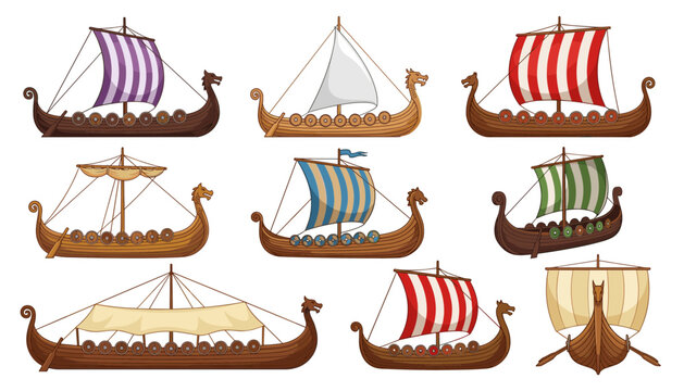 Viking Longship Vector Icon Set Featuring Traditional Wooden Dragon Boats with Shields and Colorful Sails for History Gaming and Graphic Design Projects