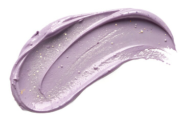 Fototapeta premium Lavender cosmetic cream smear with tiny shimmering golden sparkles isolated on a white on transparent background