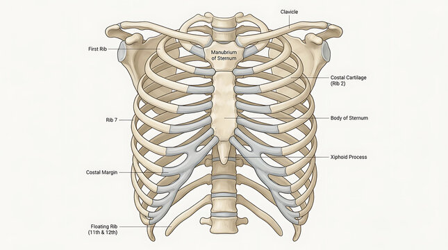 Detailed anatomical diagram of human thoracic cage and ribcage