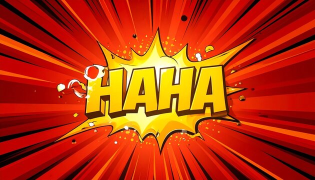 Comic Style Haha Laughter Emoji Speech Bubble Graphic with Dynamic Red Sunburst Background