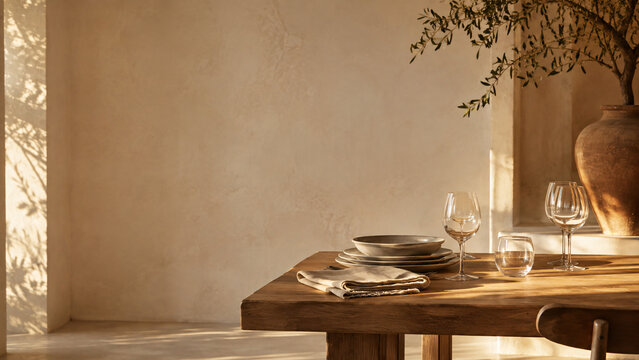 Tidy Dining Table After a Small Gathering in Golden Light