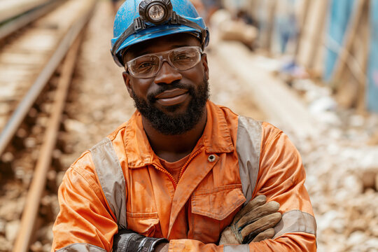 Railway worker safety construction engineer orange uniform hard hat reflective strip crossing arm rail track industry worker Confident railway worker wearing orange safety uniform and blue hard