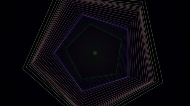 Concentric pentagonal lines spiral inward toward a luminous green center point against a dark background.