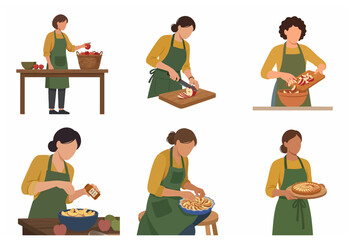 Fototapeta premium Set of vector illustrations showing a woman baking a homemade apple pie step by step from picking apples to the finished dessert.
