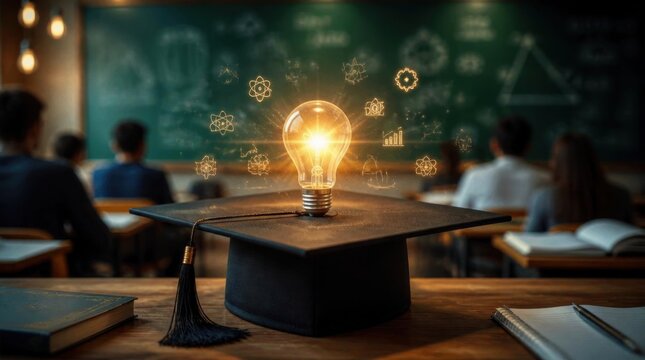 Bright Light Bulb on Graduation Cap in Classroom