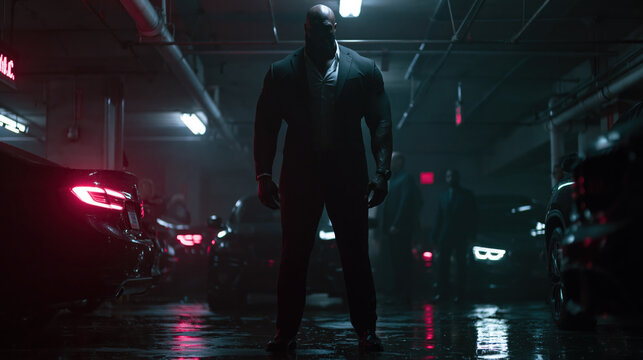 Muscular man bodyguard dark suit parking garage luxury car night neon light silhouette intimidating security professional man stands dark parking garage between luxury car neon light reflecting
