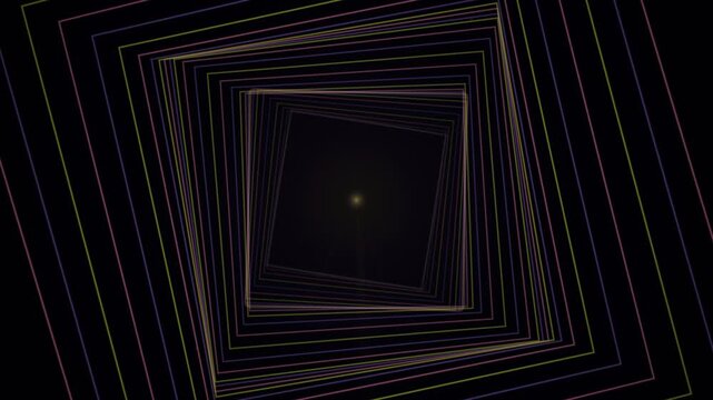 Concentric glowing lines form a hypnotic square spiral tunnel receding into darkness.