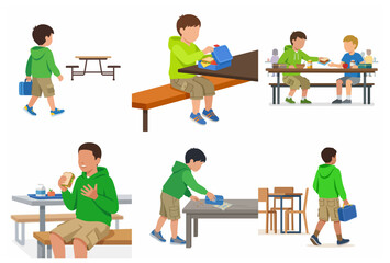 Set of School Boys Having Lunch in Cafeteria and Sharing Food Illustration
