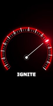 A glowing red speedometer gauge with a white needle pointing to speed on a dark background with the word ignite written in white capital letters