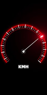 Glowing red digital speedometer gauge showing the letters kmh on a dark black background with a white needle pointing to the measurement indicator