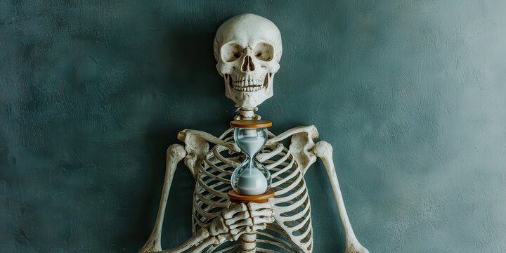 A human skeleton grasping an hourglass representing the passage of time and the inevitability of mortality in conceptual art