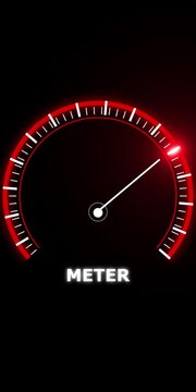A glowing red speedometer gauge with a white needle pointing to the right on a dark black background featuring the word meter at the bottom center