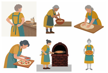 Fototapeta premium Senior Woman Making Homemade Pizza Step by Step Illustration Set. Grandmother Cooking Traditional Italian Pizza, Kneading Dough, Adding Toppings, and Baking in Stone Oven.