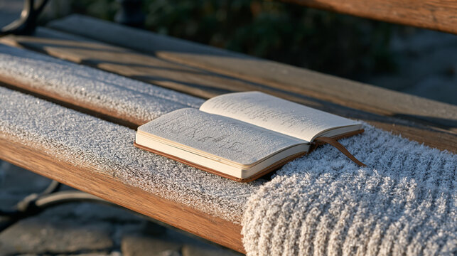 Analytics consultant's notebook rests on frost covered park bench in early morning mist, handwritten data frameworks barely legible through condensation, symbolic still life