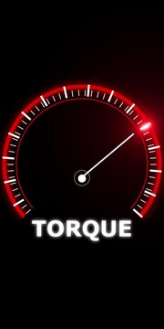 Glowing red torque gauge indicator with white needle pointing to the right on a dark black background for automotive performance measurement concepts