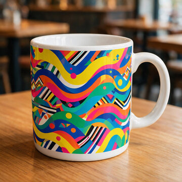 A ceramic coffee mug featuring a vibrant, abstract geometric wave pattern sitting on a wooden table in a cafe