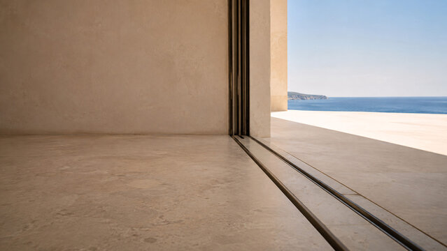 Flush Indoor Outdoor Threshold in a Minimal Mediterranean Home
