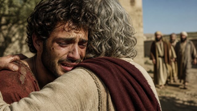 Repentant son embracing his compassionate father after returning home. Biblical parable of the prodigal son expressing forgiveness, reconciliation, mercy, and family love.