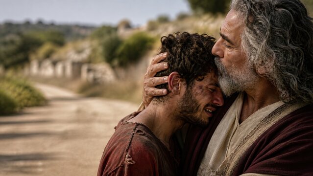 Father embracing his repentant son on a country road. Biblical parable of the prodigal son, forgiveness, reconciliation, unconditional love, and spiritual return.