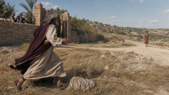 Father running to welcome his returning son in a biblical village. The prodigal son parable illustrating forgiveness, repentance, mercy, reconciliation, and unconditional love.