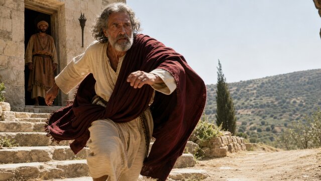 Older man in biblical robe running from a stone home to welcome his returning son. Parable of the prodigal son, forgiveness, mercy, reconciliation, and spiritual redemption.
