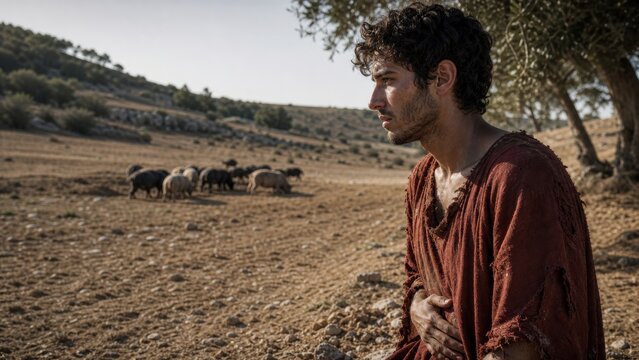Young man tending pigs in a barren field, portraying the prodigal son&rsquo;s hardship and repentance in a biblical parable from the Gospel of Luke