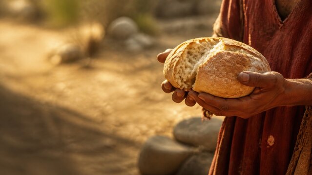 Person holding freshly baked bread in biblical setting. Symbol of compassion, spiritual nourishment, generosity, and welcome inspired by the parable of the prodigal son.
