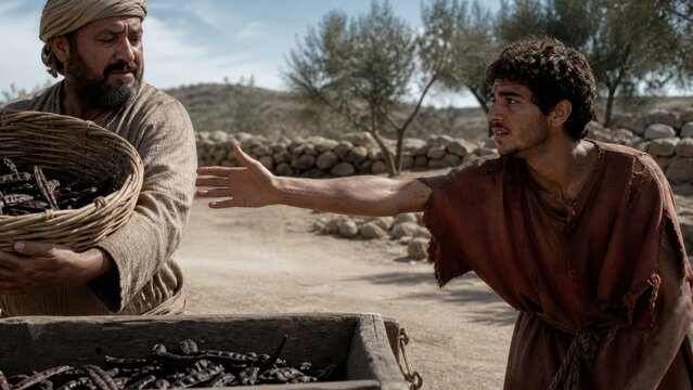 Prodigal son pleading for work beside a basket of food. Biblical parable of repentance, poverty, humility, and spiritual return in an ancient rural setting.