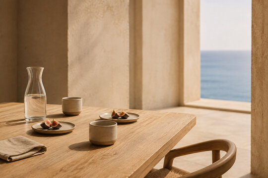 Simple Mediterranean Breakfast Table in Warm Coastal Light