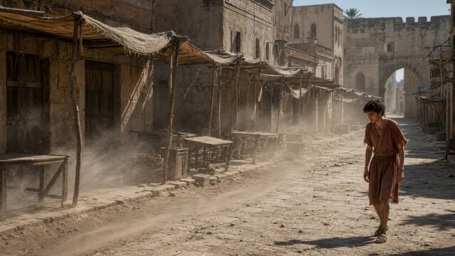 Young man walking through a dusty ancient city after squandering his inheritance. Biblical parable of the prodigal son, repentance, hardship, and spiritual return.