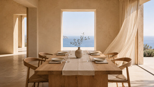 Simple Mediterranean Dining Table Framed by a Blue Sea View