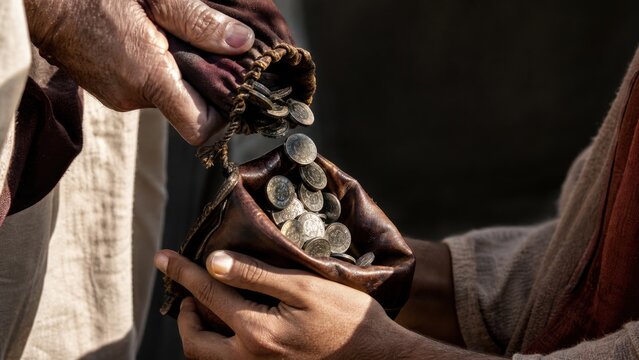 Father giving inheritance coins to son in a leather purse. Biblical parable of the prodigal son and reckless wealth, illustrating family, temptation, repentance, forgiveness, and spiritual redemption.