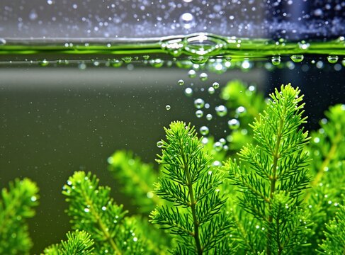 Bright green aquatic plant elodea underwater in aquarium. Small bubbles rise towards water surface. Freshness and natural underwater garden tranquility.