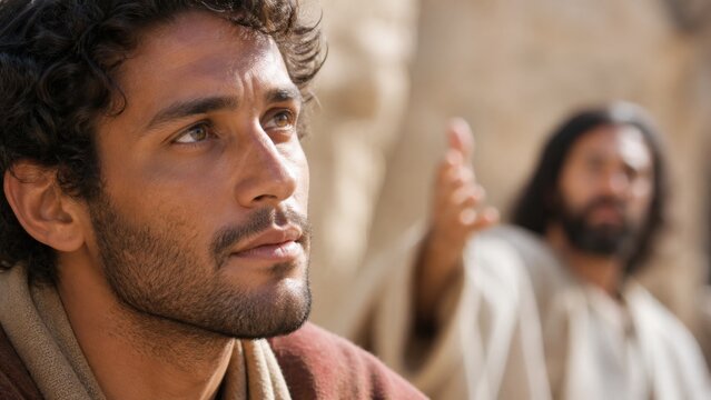 Young man listening to Jesus teaching in a biblical setting. Spiritual reflection, repentance, forgiveness, and the parable of the prodigal son from the Gospel of Luke.