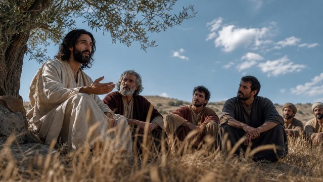 Jesus Christ teaching disciples in a biblical landscape. Spiritual lesson about forgiveness, repentance, compassion, and the parable of the prodigal son from the Gospel of Luke.