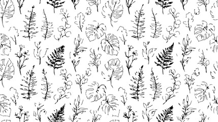 Obraz premium Natural Seamless Botanical Pattern. Hand-drawn Sketch Leaves and Ferns on White Background. Black and White Illustration for Design and Decor.