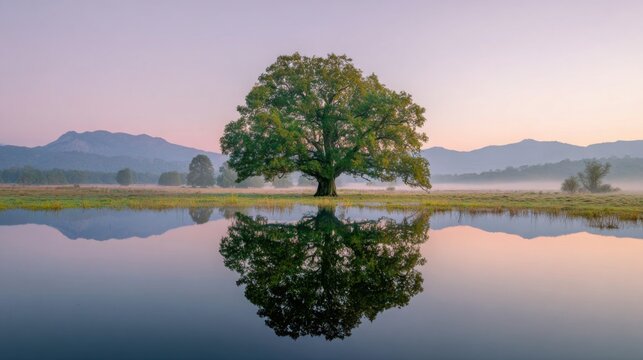 magnificent old oak tree growing in the center of a flooded meadow, its reflection perfectly mirrored in still water, low morning fog, distant