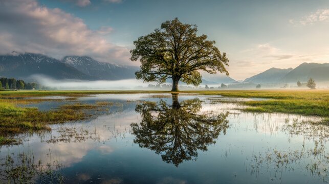magnificent old oak tree growing in the center of a flooded meadow, its reflection perfectly mirrored in still water, low morning fog, distant