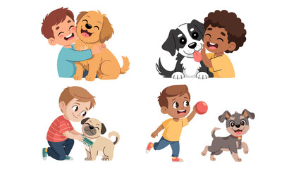Cute Multiethnic Kids Playing with Pet Dogs Vector Set Featuring Happy Children Hugging Puppies Brushing Pug and Throwing Ball For Veterinary and Animal Care Graphic Designs