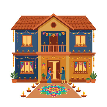 Indian couple holding oil lamps in front of a decorated house for Diwali celebration