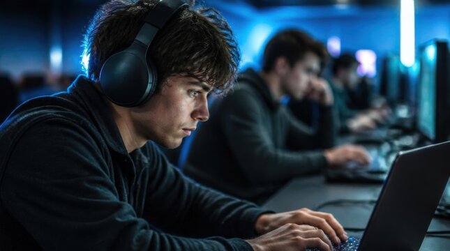Young Man Wearing Headphones Concentrating at Laptop in Gaming Center