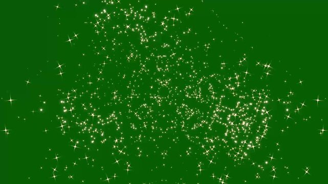 Glowing golden glitter trail line animation, 2d glitter star sparkle animation, shimmer particles motion on green background, fairy sparkle stars. 4k video, glitter stars particles background overlay