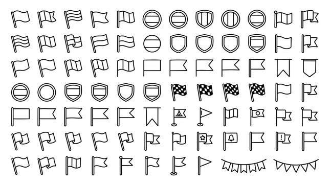  Hand Drawn National Country Flags Shield Crest Badges and Racing Checkered Flags Line Art Doodle Sheet